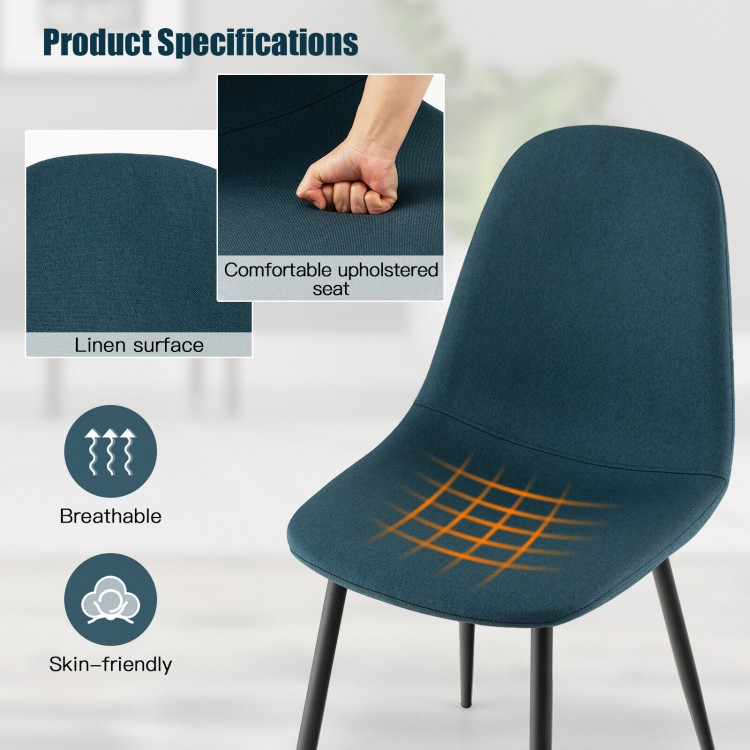 Breathable blue linen dining chair with ergonomic backrest and black metal legs, ideal for dining rooms and kitchens.